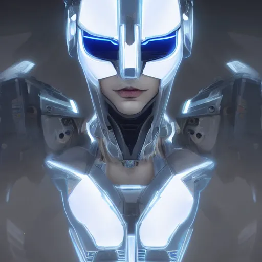 Image similar to a female transformer with glowin white eyes, very symmetrical face, highly detailed, nanogirl, nanogirlv 2, by vitaly bulgarov, by yoji shinkawa, by joss nizzi, by ben procter, metal gear solid, transformers cinematic universe, deviantart, artstation, unreal engine