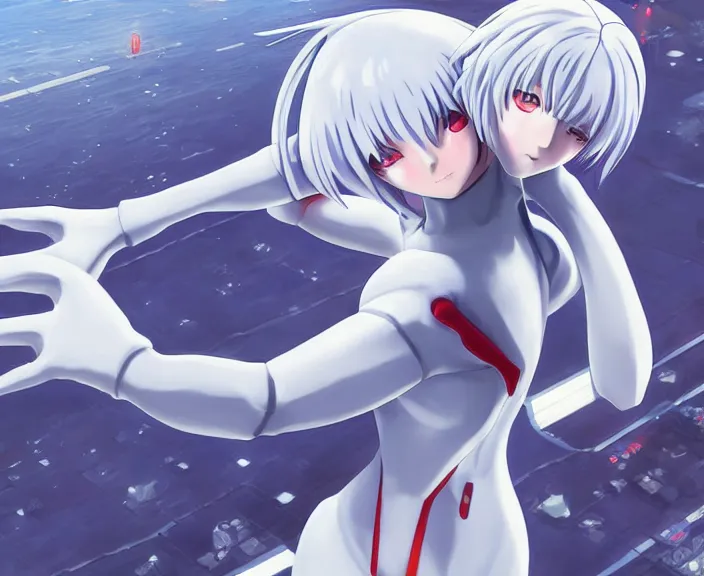 Image similar to anime art, fullbody shot of female rei ayanami, evangelion, long blue hair and large eyes, finely detailed perfect face, in a pale skintight plugsuit, sitting on rooftop, flooded city, trending on pixiv fanbox, by ilya kuvshinov, sola digital arts,, raytracing