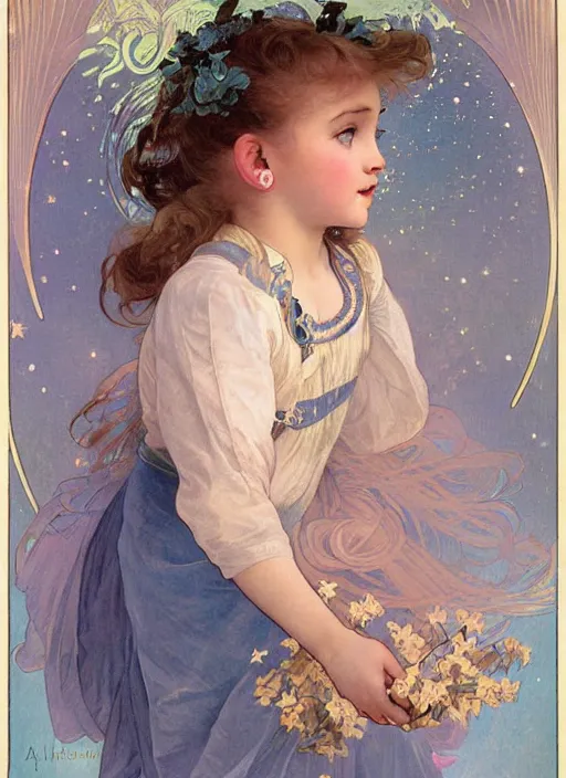 Image similar to a cute little girl with a round cherubic face, blue eyes, and short wavy light brown hair smiles as she floats in space with stars all around her. she is wearing a turquoise dress. beautiful painting with highly detailed face by alphonse mucha and artgerm and greg rutkowski