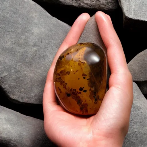 Image similar to human female trapped inside amber stone held in palm of hand