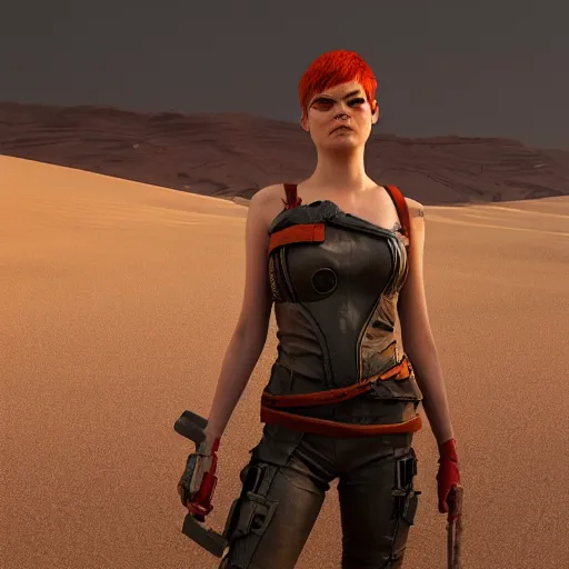 Image similar to Emma Stone as Furiosa by Ilya Kushvikov, symmetrical face concept art, octane render unreal engine meta humans, trending on artstation, desert, main colors orange, yellow, red and white