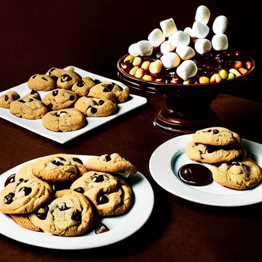 Prompt: opulent banquet of plates of freshly baked chocolate chip cookies, jelly beans, chocolate sauce, marshmallows, highly detailed, food photography, art by rembrandt