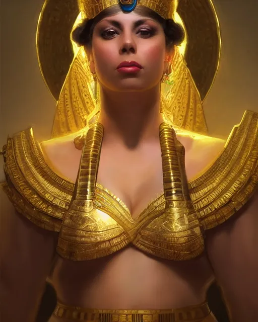 Image similar to Gianna Michaels as a beautiful egyptian princess, gorgeous, portrait, Symmetrical, powerful, intricate, beautiful, masterpiece, elegant, volumetric lighting, highly detailed, artstation, sharp focus, no cropping, illustration, Jean-Leon Gerome , ruan jia