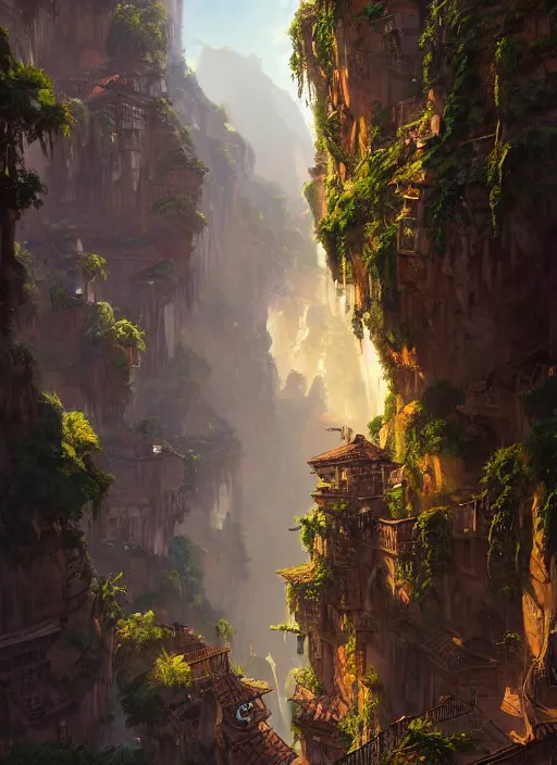 Image similar to medieval city built on terraces in a gigantic canyon, lots of buildings connected by bridges, waterfalls, warm glow coming the ground, lush vegetation, pitchblack sky, extremly detailed digital painting, in the style andreas rocha and greg rutkowski and peter mohrbacher, rim light, beautiful lighting, 8 k, stunning scene, octane, trending on artstation