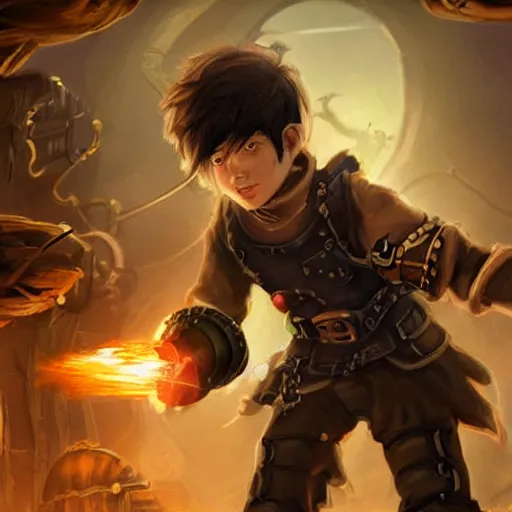 Prompt: An boy wearing steampunk wristband that shoots out a grapple using steam canisters, epic fantasy art style HD