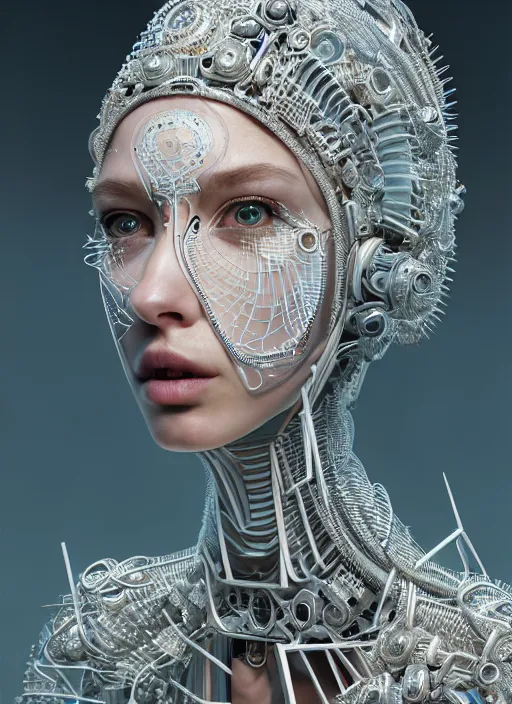 Image similar to portrait of an absurdly beautiful, graceful, sophisticated, fashionable cyberpunk mechanoid, hyperdetailed illustration by irakli nadar and vania zouravliov, matt wisniewski style, intricate linework, white porcelain skin, metal tribal headdress, day - glow face paint, unreal engine 5 highly rendered, global illumination, radiant light, detailed and intricate environment