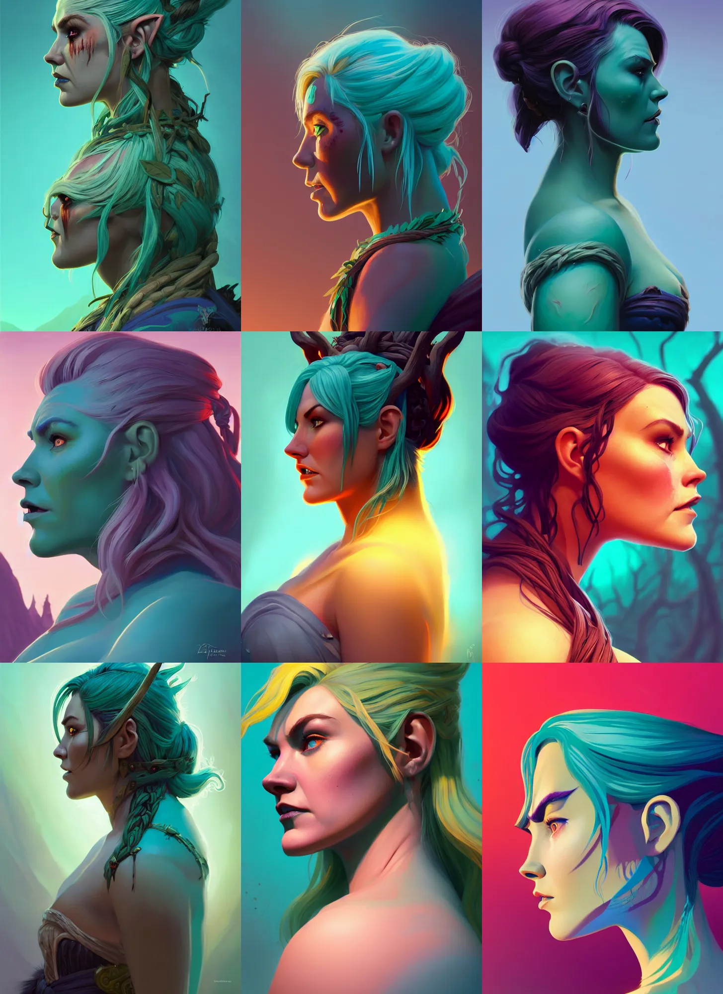 Prompt: side profile centered painted portrait, elisha cuthbert as female teal orc forest druid, d & d, gloomhaven, matte painting concept art, art nouveau, beautifully backlit, swirly vibrant color lines, fantastically gaudy, aesthetic octane render, 8 k hd resolution, by ilya kuvshinov and cushart krentz and gilleard james