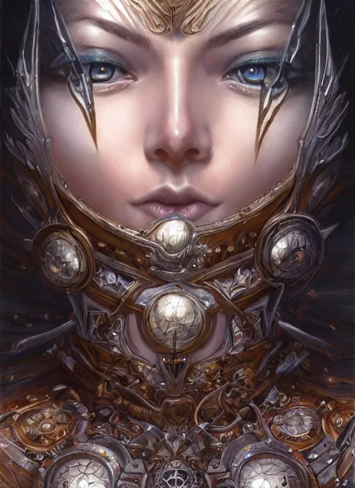 Image similar to a highly detailed symmetrical eye level shot of a female fantasy warrior with piercing beautiful eyes, art by artgerm and karol bak and mark brooks and donato giancola and bayard wu, oil painting, reallusion character creator, depth perception, elegant, intricate