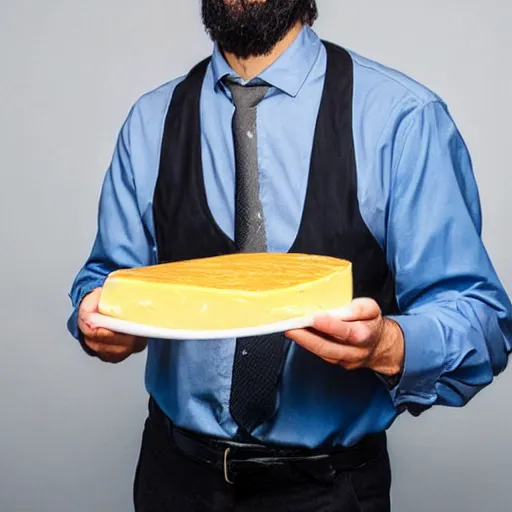 Prompt: photo of a very suspicious man holding cheese