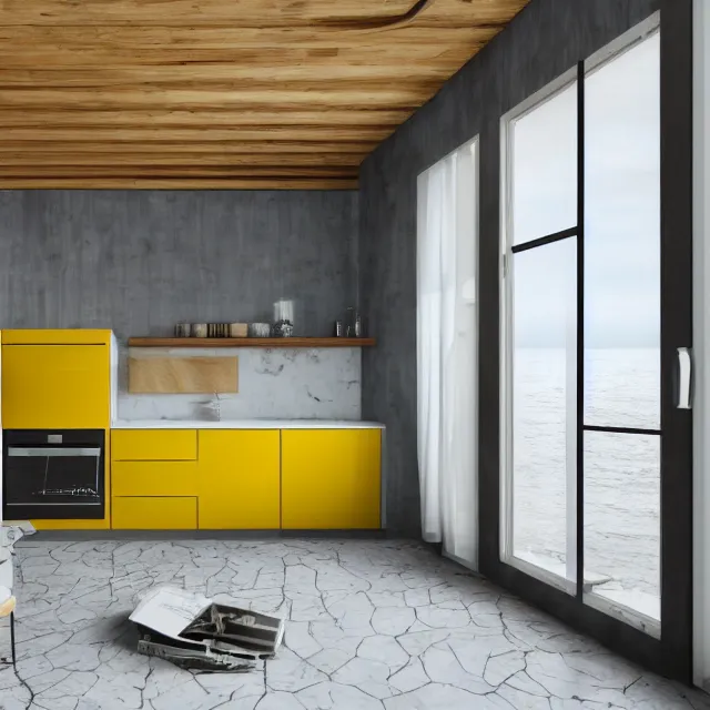 Image similar to modern a frame interior in a wooden cabin, yellow cabinets and white walls, vintage fridge, large window in back with ocean scenery, marble countertops, leather couch, spiral staircase, realistic, unreal engine render, octane render, hyper realistic, photo, 8 k