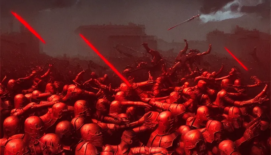 Image similar to only with red, bloody armored gladiator battle in a crowded roman amphitheatre, crowd cheering, in the style of beksinski and edward hopper and rodcenko and yue minjun and greg rutkowski, intricate and epic composition, red by caravaggio, highly detailed, masterpiece, red light, artstation, art nouveau