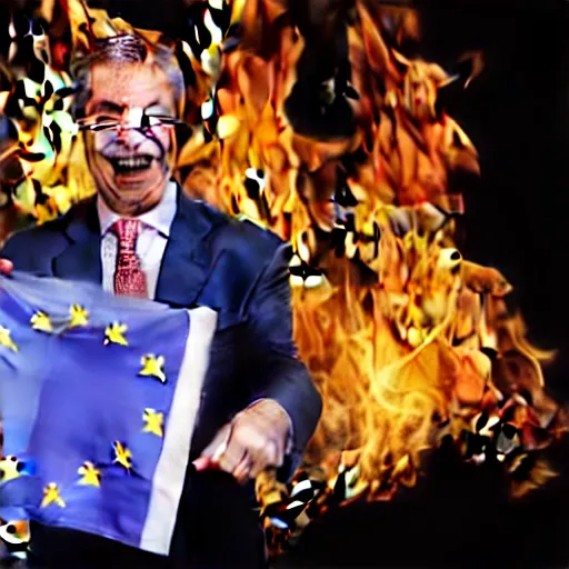 Image similar to nigel farage laughing holding burning eu flag, studio photograph, hd, studio