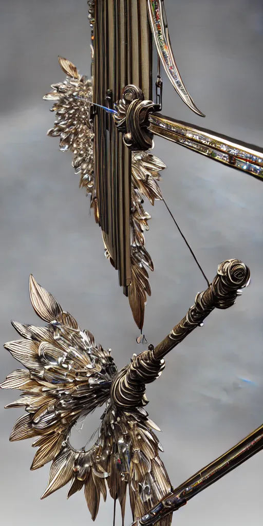 Image similar to beautiful physical detailed render of a sacred bow weapon made of crystal, the style of louis comfort tiffany, pascal blanche, zigor samaniego, paul pepera, ellen jewett, weapon design, mechanics, weapon model, feather, wing, exquisite, metal, structure, c 4 d, 3 d render,, unreal engines, light effect, 4 k hd