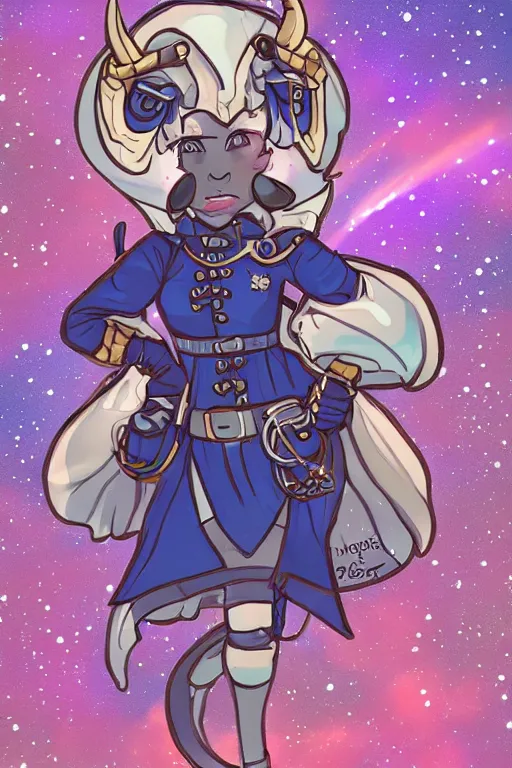 Prompt: Jester Lavorre blue chibi tiefling from Critical Role in a steampunk process outfit in a starry space sky 🌈