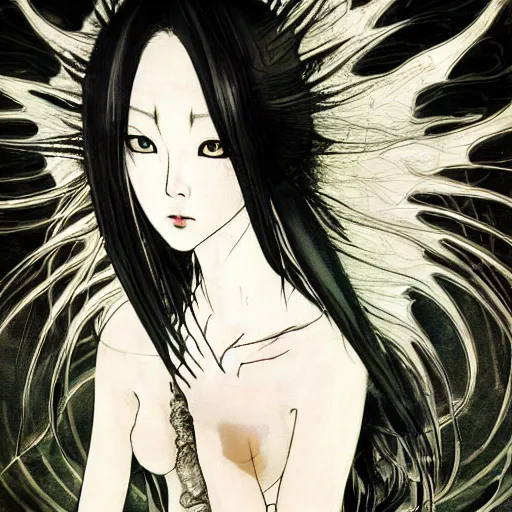 Image similar to yoshitaka amano blurred and dreamy realistic illustration of a japanese woman with black eyes, black lipstick, wavy white hair fluttering in the wind wearing elden ring armor with engraving, abstract patterns in the background, satoshi kon anime, noisy film grain effect, highly detailed, renaissance oil painting, weird portrait angle, blurred lost edges, three quarter view