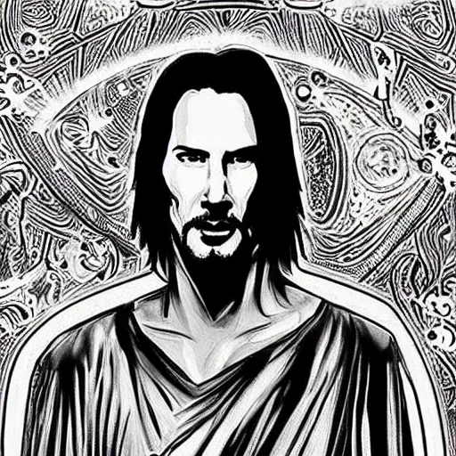 Image similar to black and white pen and ink!!!!!!! young handsome Keanu Reeves wearing cosmic space robes made of stars final form flowing royal hair golden!!!! Vagabond!!!!!!!! floating magic swordsman!!!! glides through a beautiful!!!!!!! liquid magic floral crystal battlefield dramatic esoteric!!!!!! Long hair flowing dancing illustrated in high detail!!!!!!!! by Moebius and Hiroya Oku!!!!!!!!! graphic novel published on 2049 award winning!!!! full body portrait!!!!! action exposition manga panel black and white Shonen Jump issue by David Lynch eraserhead and beautiful line art Hirohiko Araki!! Rossetti, Millais, Mucha, Jojo's Bizzare Adventure