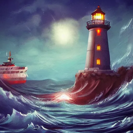 Image similar to beautiful digital art of the Kraken rising from the sea to attack a ship, while a lighthouse glows behind it.