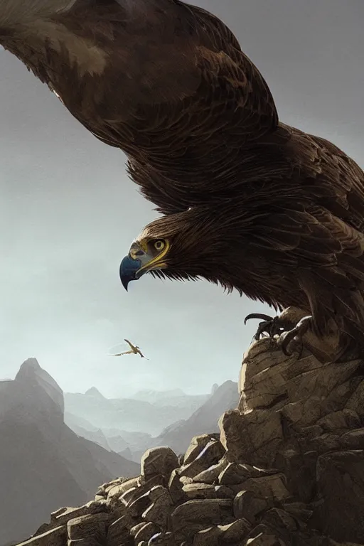 Image similar to portrait, golden eagle on his Nest in the mountains, face portrait, raphael lacoste, eddie mendoza, alex ross, concept art, matte painting, highly detailed, rule of thirds, dynamic lighting, cinematic, detailed, denoised, centerd