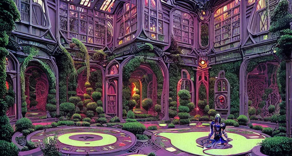 Image similar to a luxurious scifi futuristic victorian garden courtyard by killian eng, moebius, philippe druillet