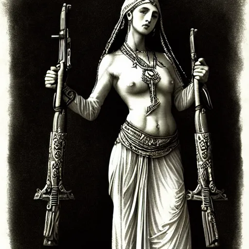 Image similar to marana slavic goddess with ak - 4 7 in six arms in traditional slavic clothes : by gustave dore and greg rutkowski and wlop, mystic high contrast monochromatic noir