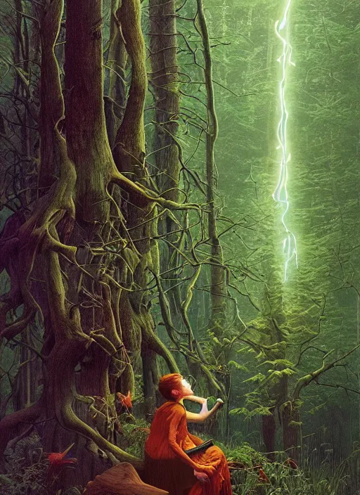 Image similar to hyper realistic witch modem with mood lighting and tech in the woods gorgeous lighting, blue sky, highly detailed, lush forest foliage painting by zdzisław beksinski and norman rockwell and greg rutkowskiweta studio, and lucasfilm