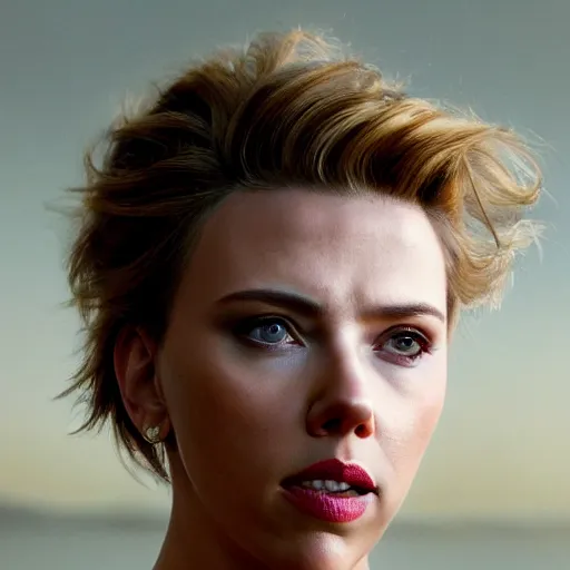 Image similar to a medium - shot of scarlett johansson looking into the distance, beautiful light failling on her face, chin - length bob with bangs hairstyle, in the style of the ghost in the shell, by annie leibowitz