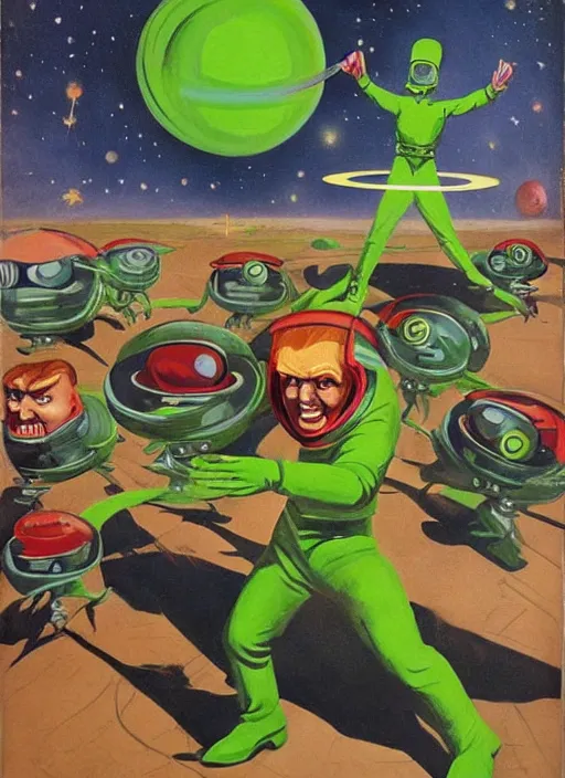 Prompt: 5 0 s sci - fi painting of donald trump fighting evil green martians with a ray - gun, rockets and planets on the background