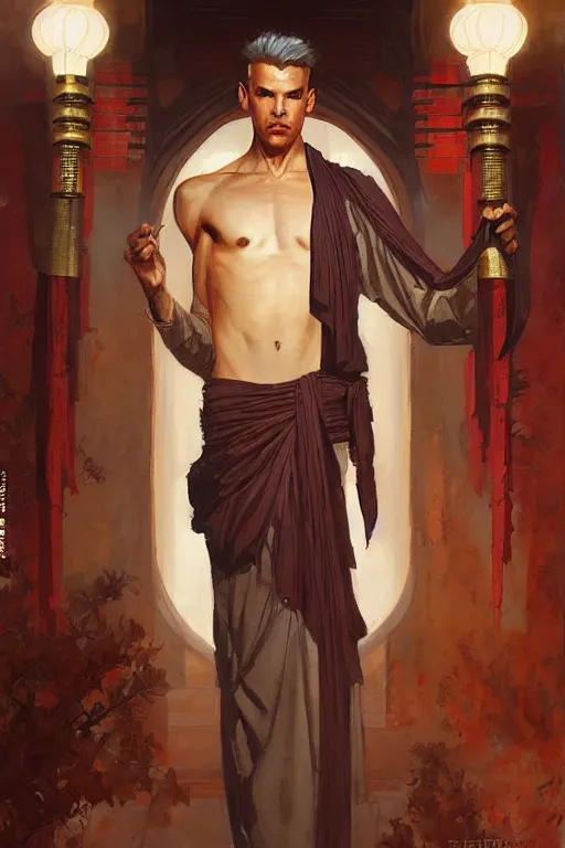 Image similar to male, temple, taoism, painting by greg rutkowski, j. c. leyendecker, artgerm