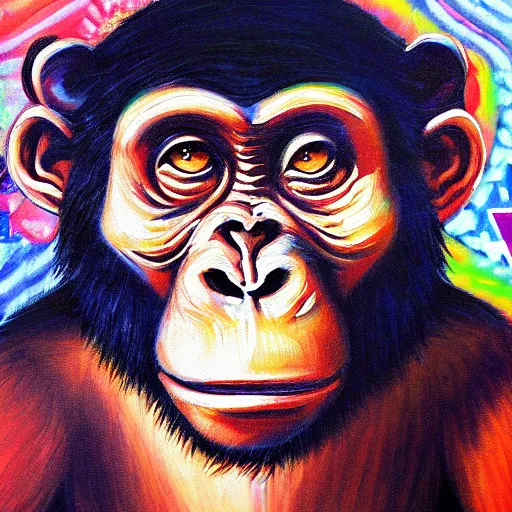 Image similar to portre of an autistic demonic chimpanzee on acid, masonic and kabalistic symbols in background, oil painting