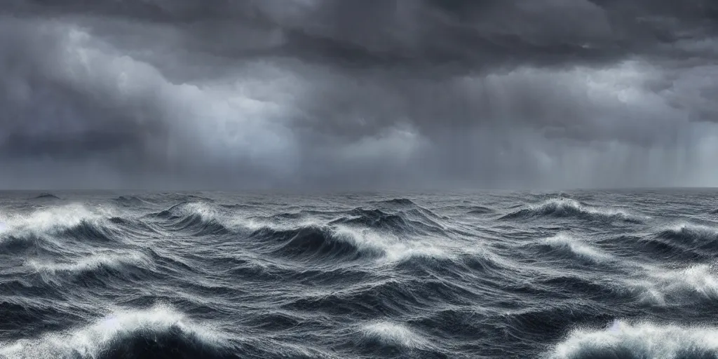 Image similar to detailed waves. dark sea, layers, very detailed super storm, hyper realistic, impressive, very atmospheric, god ray, cinematic, deep, very high complexity, stunning, masterpiece, weather photography, very detailed. 4 k