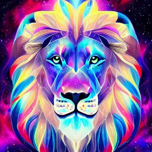 Image similar to geometric symmetrical lion with galaxy eyes in space, nebula in the background, intricate, elegant, highly detailed, digital painting, artstation, concept art, smooth, sharp focus, illustration, art by artgerm