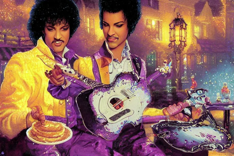 Prompt: thomas kinkade painting of prince from purple rain serving pancakes