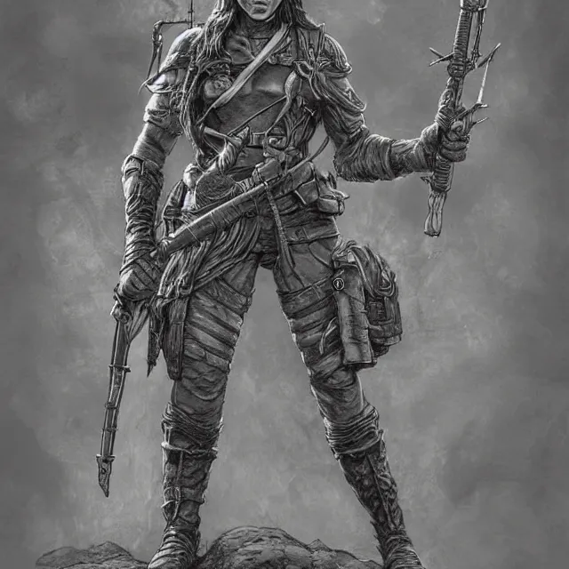 Image similar to an elven sniper in the style of frank frazetta in the style of leonard boyarsky hyper detailed photorealistic hd 8 k post - processing high resolution