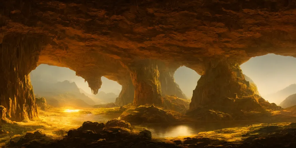 Prompt: discovery of a highly mechnically advanced civilization in a digital cave with minimal lighting in the style of thomas cole, cinematic lighting, raytracing, 8 k, octane render, volumetric, vivid, beautiful, hyperrealism