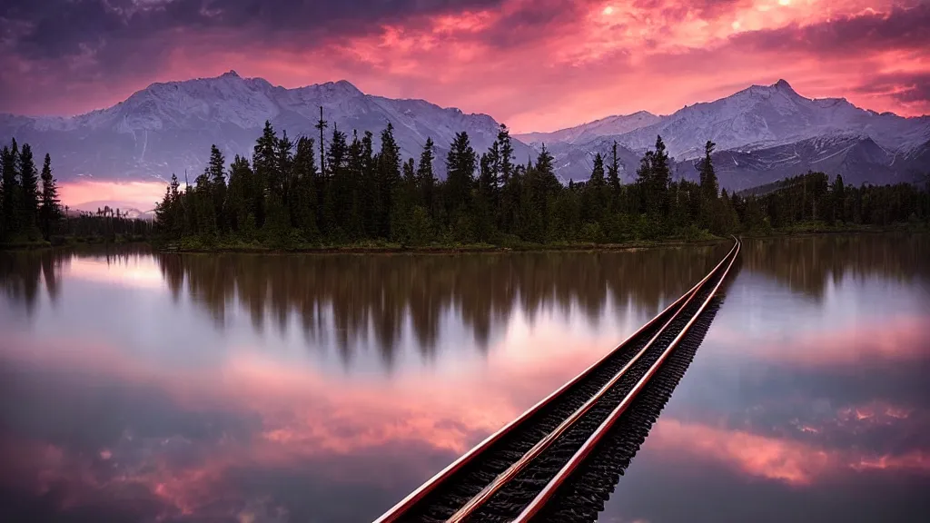 Image similar to amazing landscape photo of a lonely train track over a lake in sunset by marc adamus, beautiful dramatic lighting