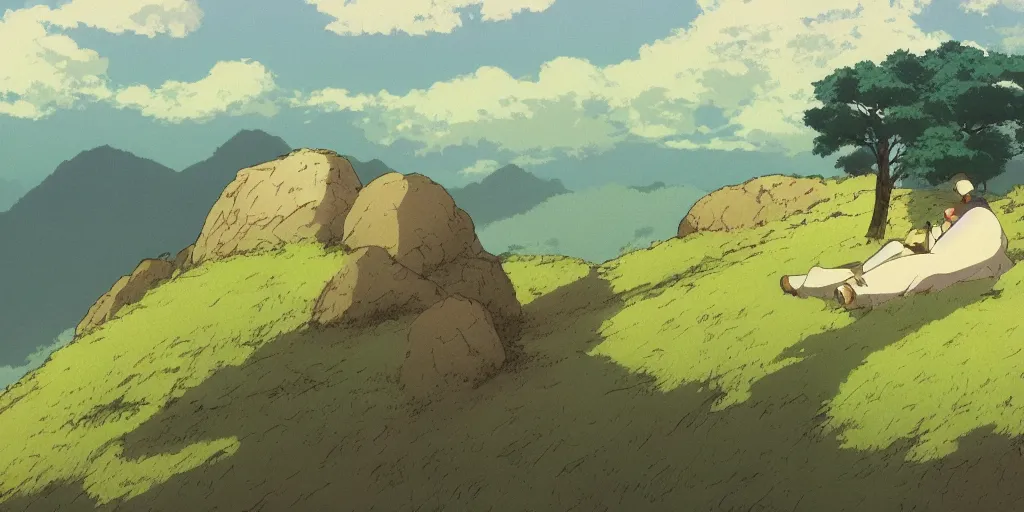 Image similar to a peaceful mountain overlooking a field, studio ghibli, HD