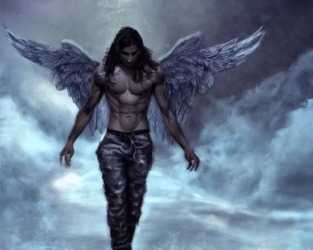 Prompt: angel avan jogia with white-gray wings. shirtless and sweatpants. Floating above frozen landscape. Smooth brown skin. Long black hair. Distant full body shot. Style of detailed urban fantasy digital art, trending on artstation, artgerm, deviantart