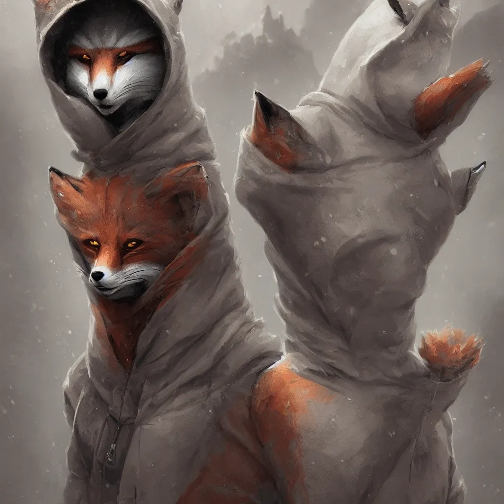 Prompt: an anthropomorphic fox wearing a hoodie and anonymous mask, concept art, digital painting, highly detailed, style by jordan grimmer and greg rutkowski, illustration