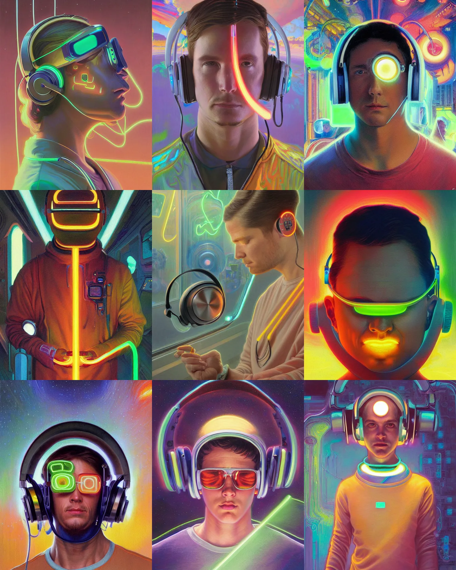 Prompt: future coder, glowing pencil thin visor over eyes and sleek neon headphones desaturated painting by donato giancola, dean cornwall, rhads, tom whalen, alex grey, alphonse mucha, astronaut cyberpunk electric fashion photography