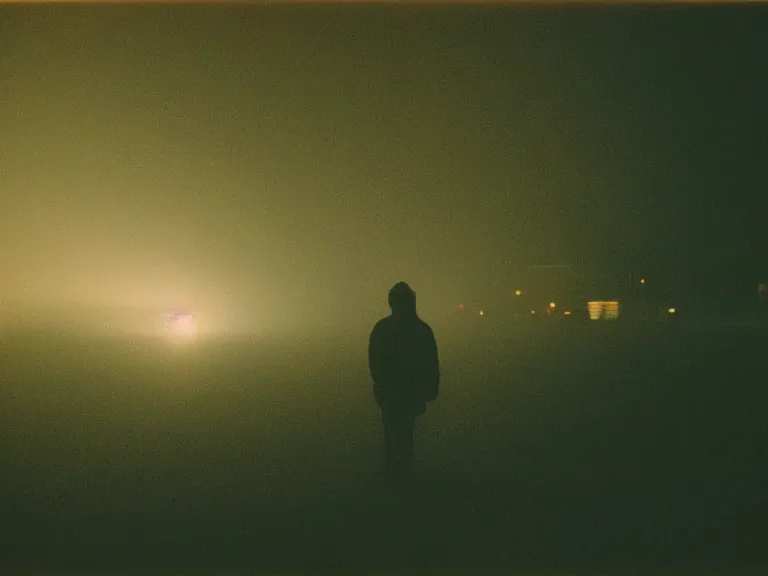 Prompt: kodak gold 2 0 0 film photograph of a vagrant at night volumetric fog