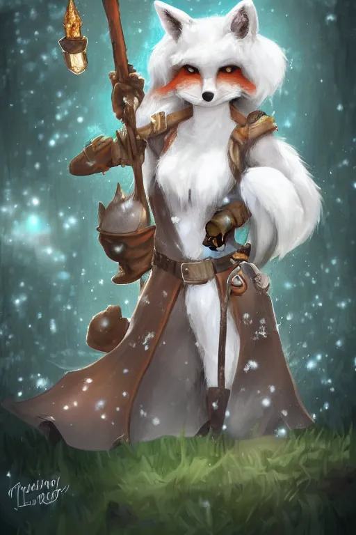 Image similar to a pretty medieval anthropomorphic snow fox ranger with a fluffy tail in the forest, comic art, trending on furaffinity, cartoon, kawaii, backlighting, furry art!!!, radiant light, bokeh, trending on artstation, digital art