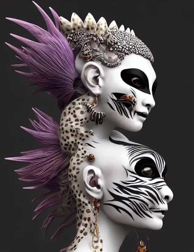 Image similar to 3 d goddess close - up profile simple portrait punk with mohawk with tiger skull. beautiful intricately detailed japanese crow kitsune mask and clasical japanese kimono. betta fish, jellyfish phoenix, bio luminescent, plasma, ice, water, wind, creature, artwork by tooth wu and wlop and beeple and greg rutkowski