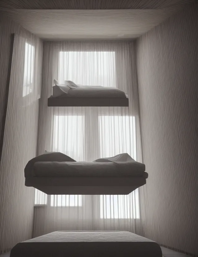 Prompt: an ultra wide angle photo of a bed hovering above the floor in the middle of a giant bedroom with impossible angles with windows opening to other worlds by casey weldon and lee madgewick and m. c. escher, photorealistic, octane render, recursive!!!!, flowing, cascading, multiverse!!!!!!, labyrinthine