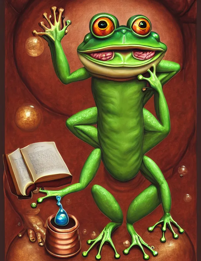Prompt: anthropomorphic bipedal frog that is dressed as a medieval librarian, and holding a giant book in his hand, as a matte oil painting and d & d character art, by alex grey, standing, fullbody, floating bubbles, copper machinery, concept art, award - winning, extremely detailed, sharp focus