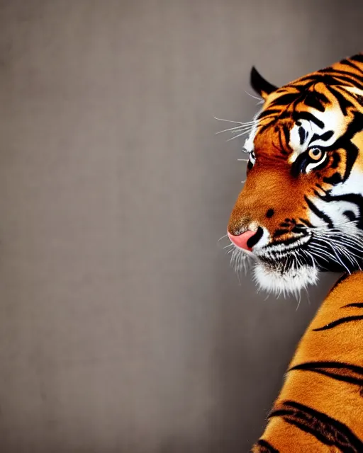 Image similar to high quality presentation photo of a tiger dressed in a suit, photography 4k, f1.8 anamorphic, bokeh, 4k, 85mm lens