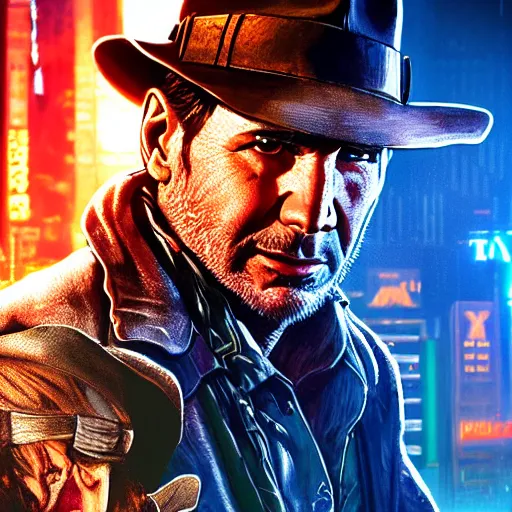 Prompt: a high quality portrait of Indiana Jones in a cyberpunk cyberpunk cyberpunk cafe, realism, 8k, award winning photo