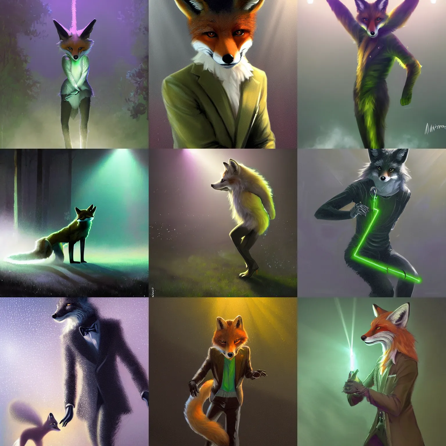 Prompt: an anthropomorphic fox dressed in a silver glittering suit, dancing in front of fog, backlit, vivid green lasers, furaffinity fursona, fox dressed like michael jackson, laser lights, realistic gregory manchess greg rutkowski