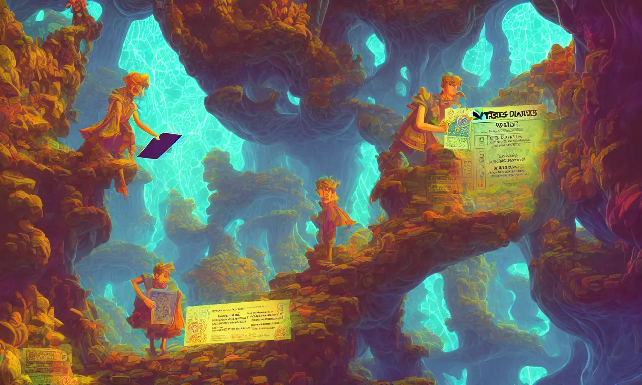 Image similar to large kerberos realm, faked ticket close up, wizard reading a directory, colorful ravine, 3 d art, digital illustration, perfect lighting