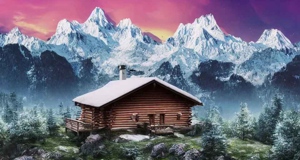 Image similar to log cabin beneath the alps, vaporwave aesthetic, matte painting 4 k
