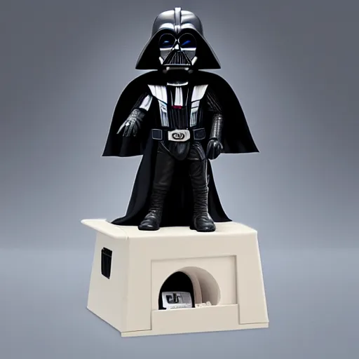 Prompt: a FUNKO Darth Vader children's bank with it's mouth open for a child to put a penny in, 3D, render